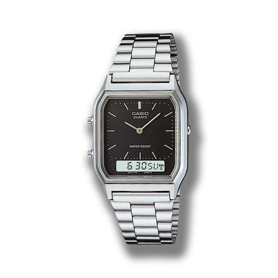 Die CASIO Vintage Analoguhr AQ-230 mit schwarzem, rechteckigem Zifferblatt, silbernem Band und kleiner digitaler Datumsanzeige unten.