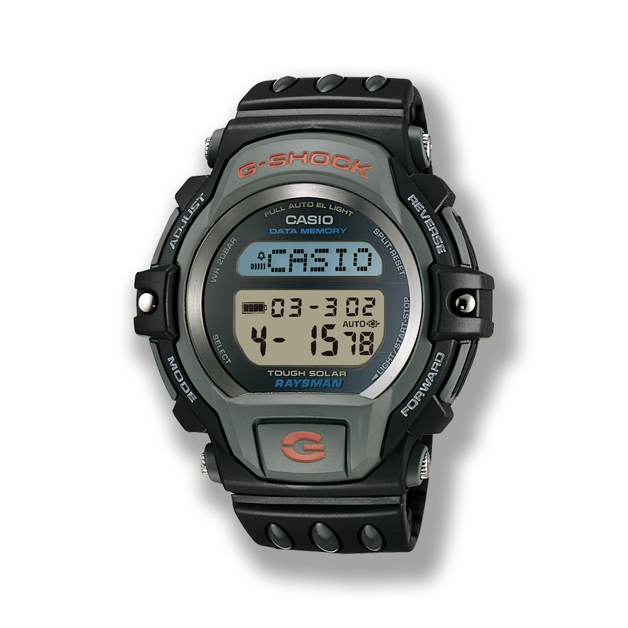 Die grau-silberne Digitaluhr DW-9300J mit hellblauen und roten Details im runden Gehäuse.