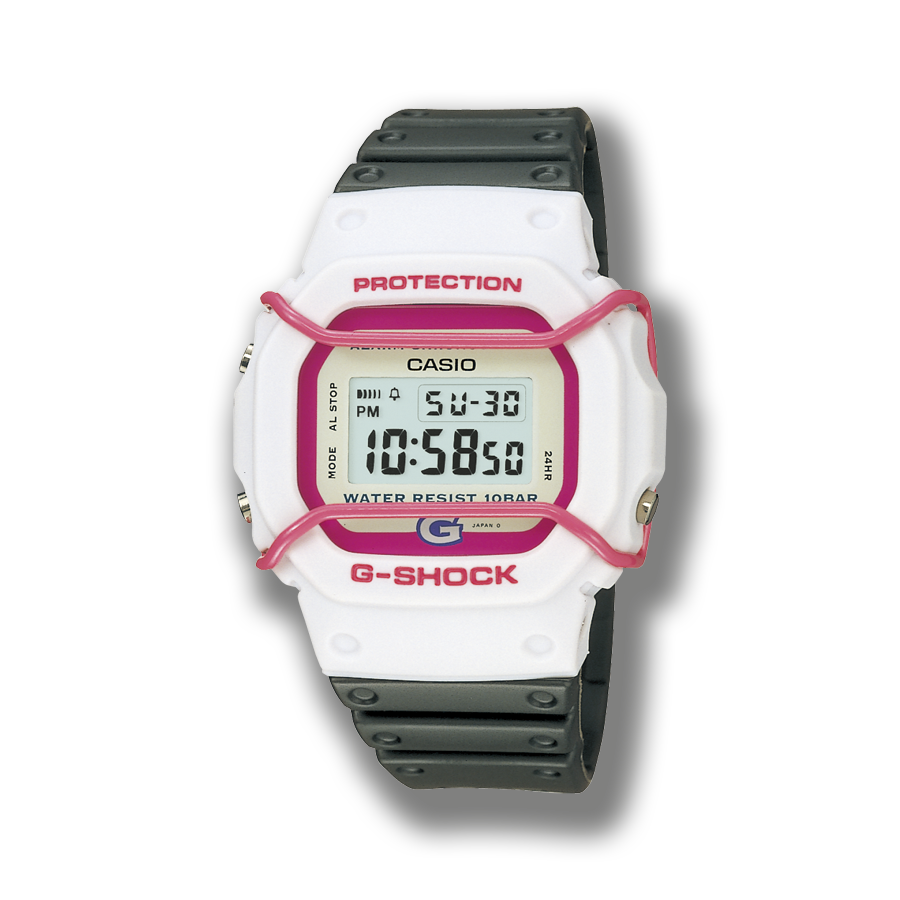 Die Baby-G DW-520 Armbanduhr mit rechteckiger, digitaler Anzeige, weißem Gehäuse, pinkem Rahmen und grauem Armband.