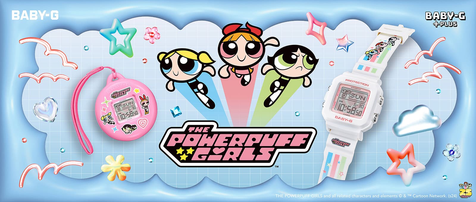 BGD-10KPP Digitaluhr von BABY-G in weiß, daneben sind die drei Powerpuff Girls abgebildet und das pinke, runde Case für das Display