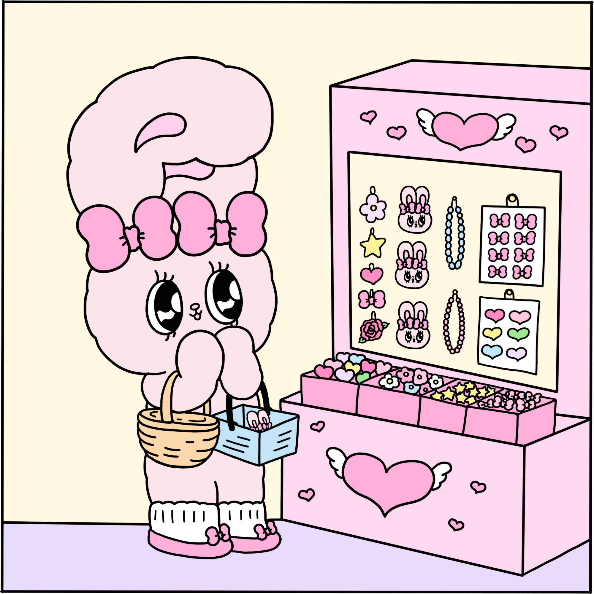 Ein Comic-Hase steht vor einem Schmuck-Schaufenster