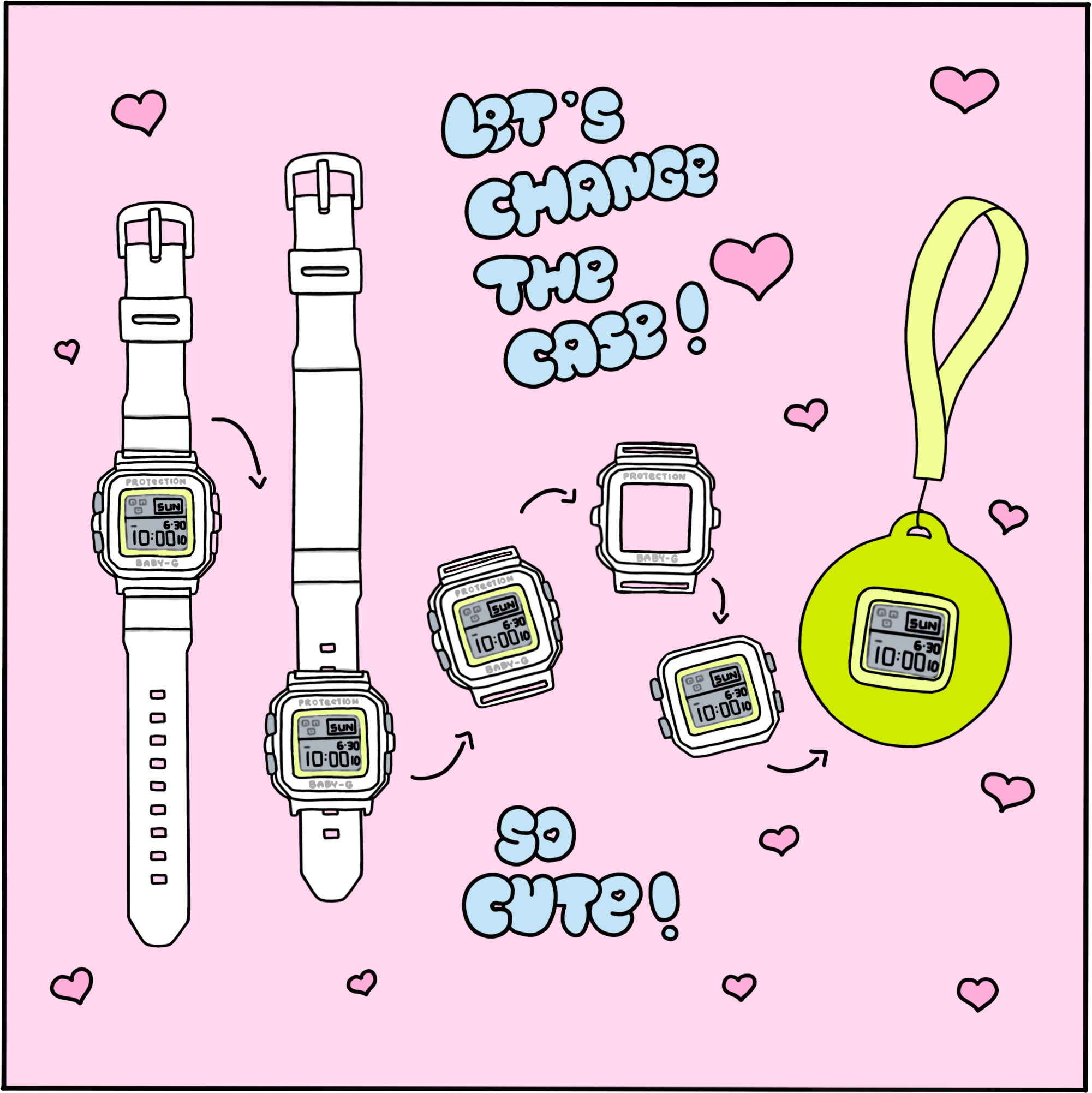 Illustration des Wechselns der BABY-G Anzeige vom Armband in das Case mit Anhänger