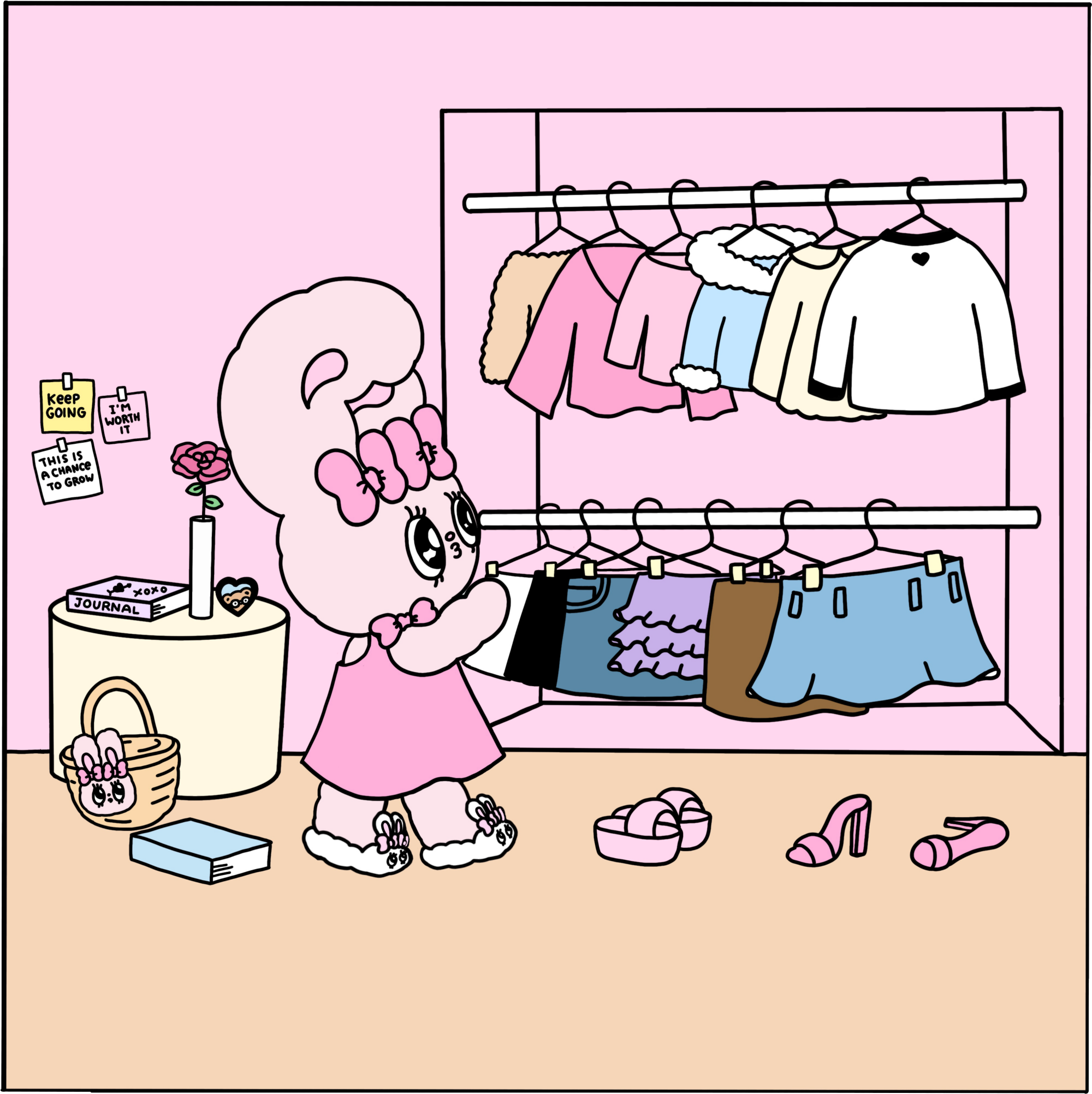 Ein Comichase vor einem Kleiderschrank