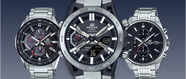 Drei Chronographen aus der EDIFICE-Kollektion mit silberfarbenen Armbändern und rundem Gehäuse