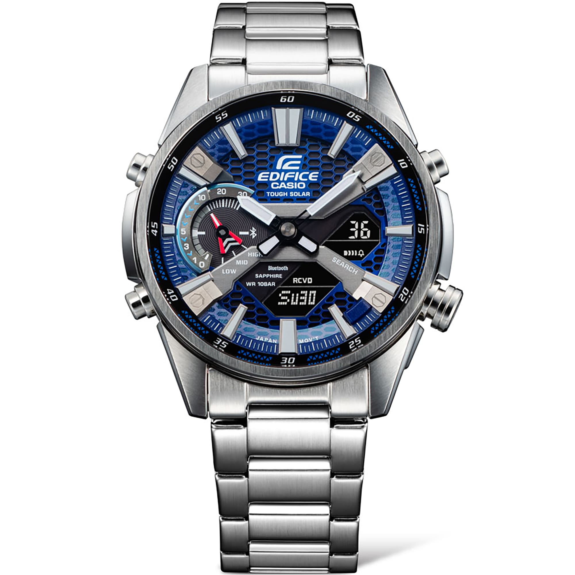 Die analoge Edifice ECB-S100D-2A Armbanduhr mit silbernem Armband und runder, blauer Anzeige.