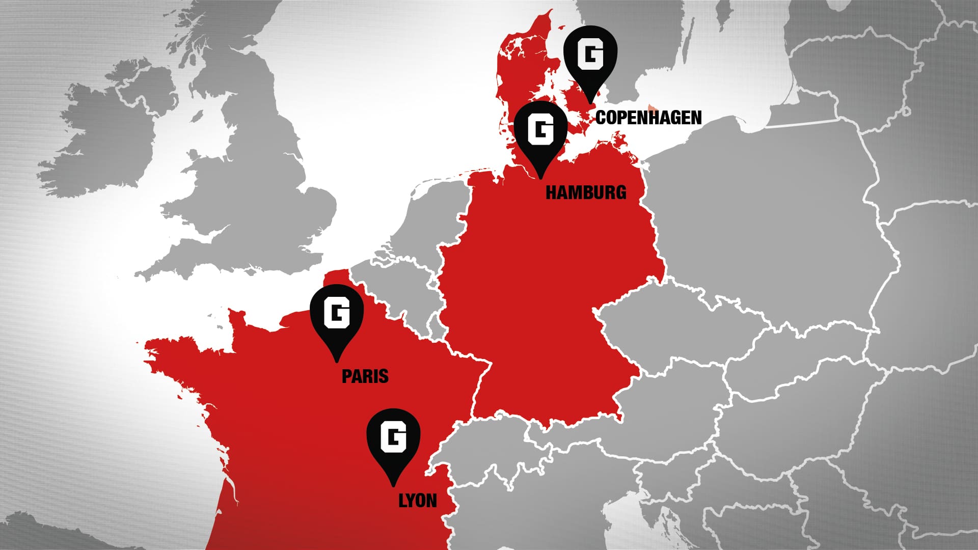 Eine Karte der Ibe Legacy Tour durch Dänemark, Frankreich und Deutschland.