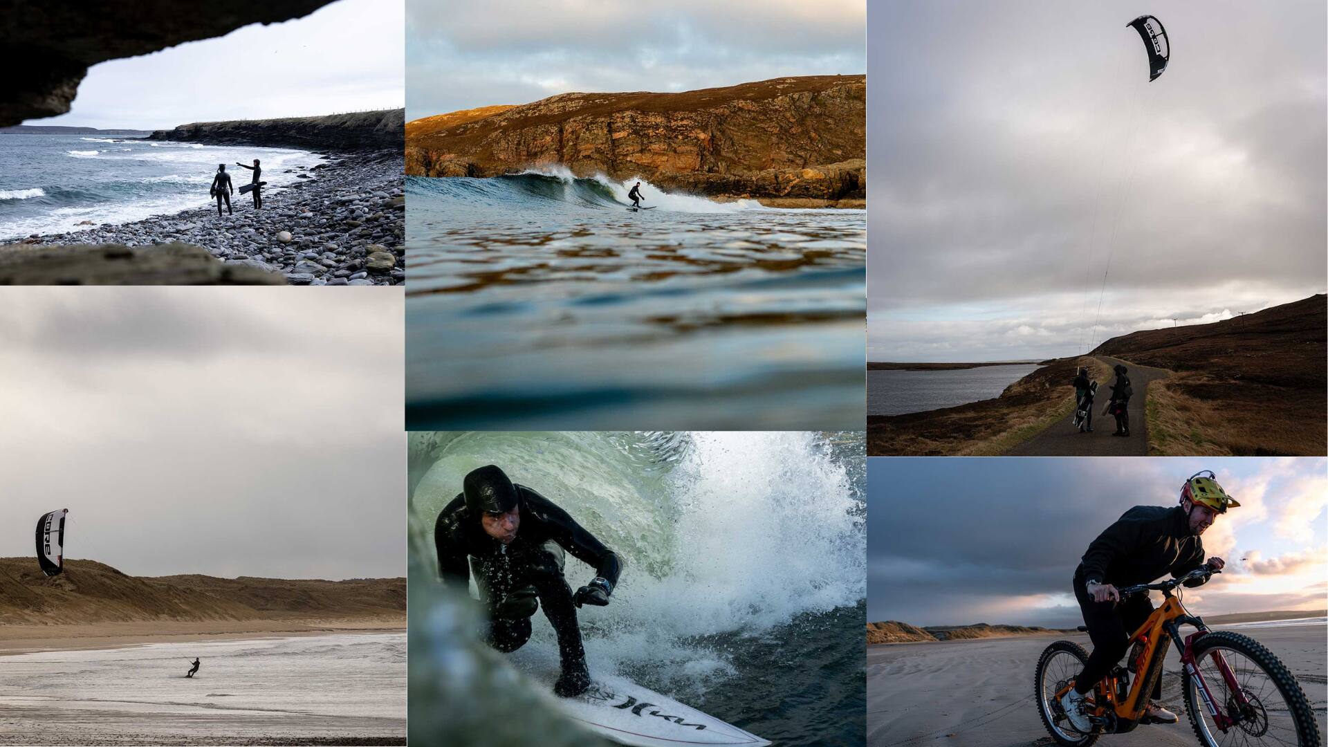 Bildergallerie von Surfern, einem Mountainbiker und Kitern in Schottland.