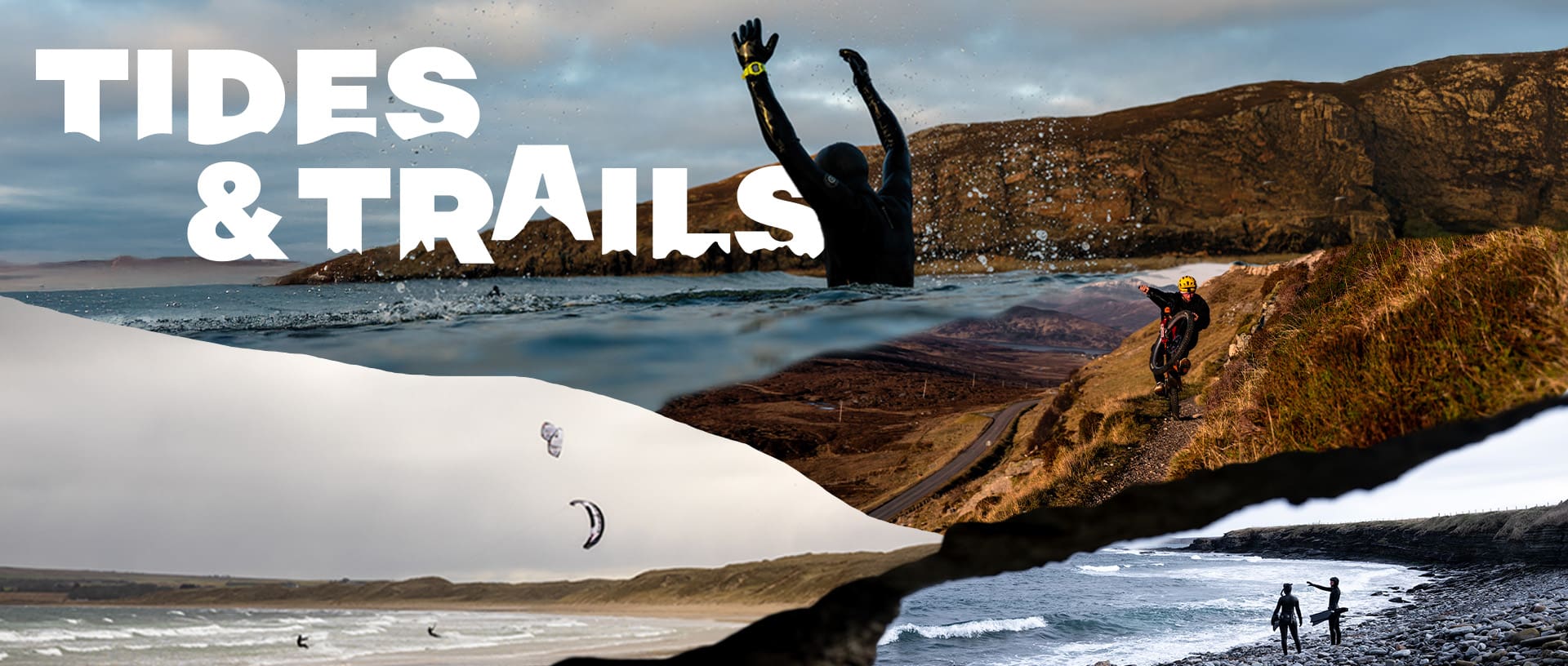 Mehrere Sportarten an der Küste abgebildet und ein weißer Schriftzug mit "Tides & Trails".