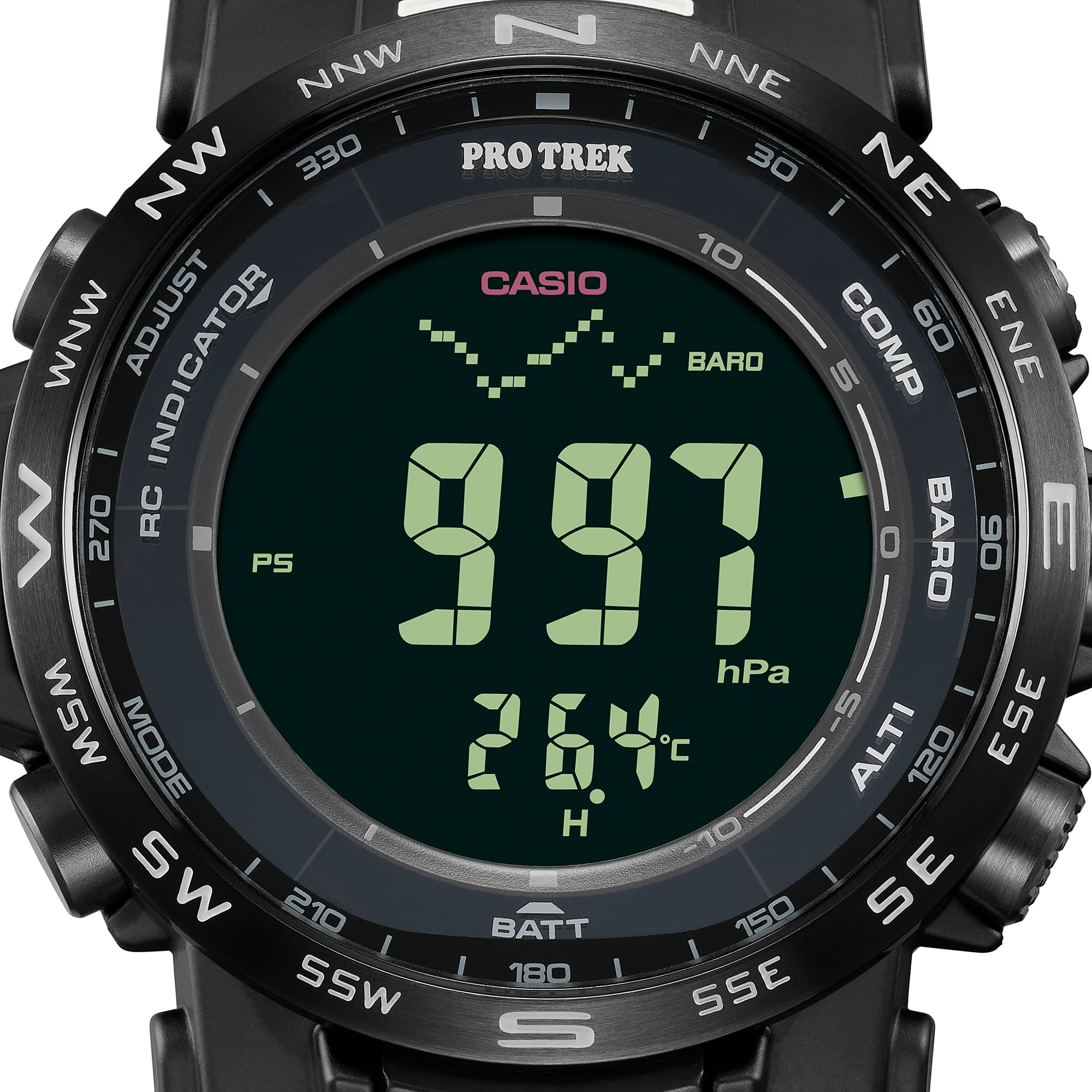 Die Anzeige der Pro Trek Uhr "PRWY-1B" mit Barometer