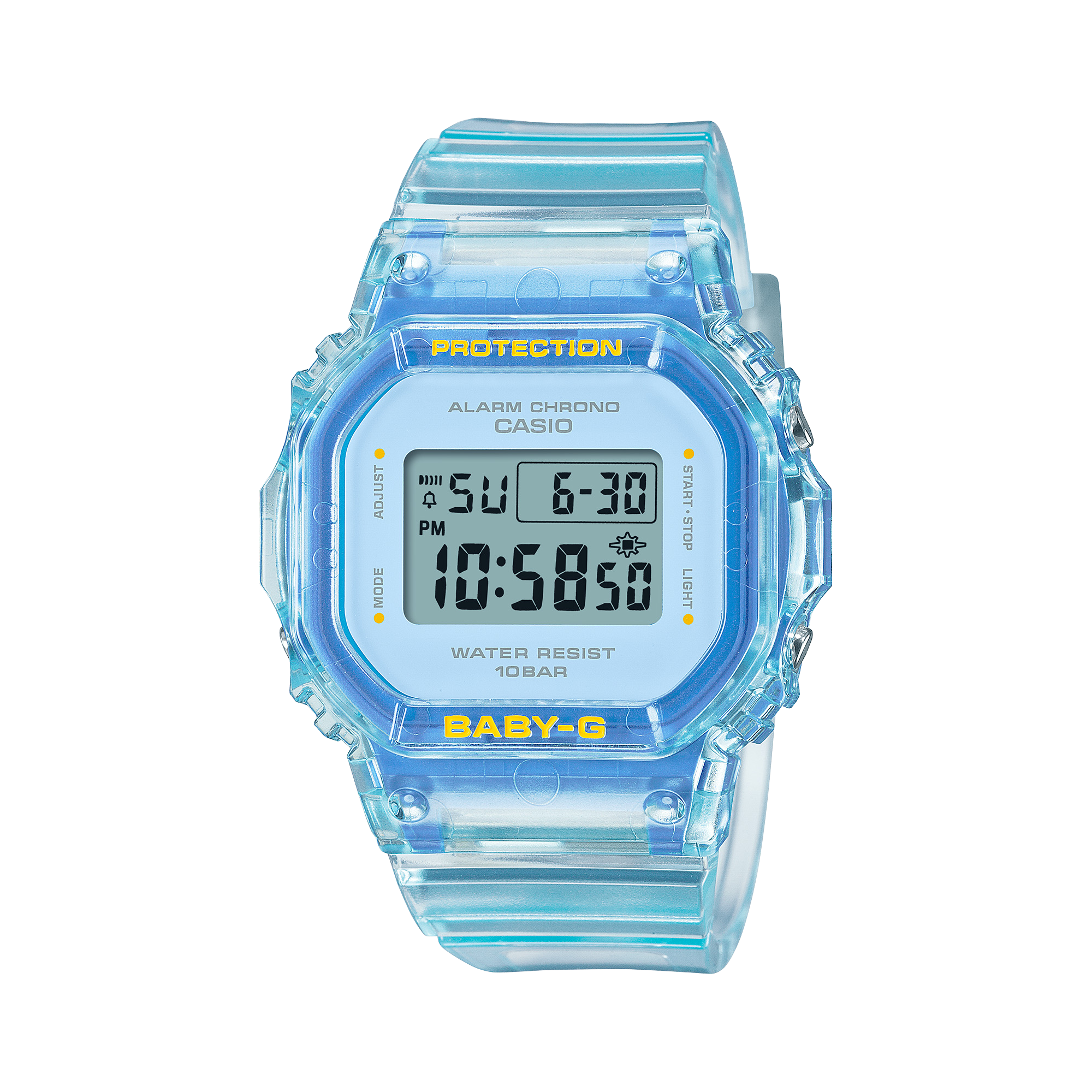 Die hellblaue BGD-565SJ-2 Digitaluhr von Casio Baby-G mit durchsichtigem Resin-Armband