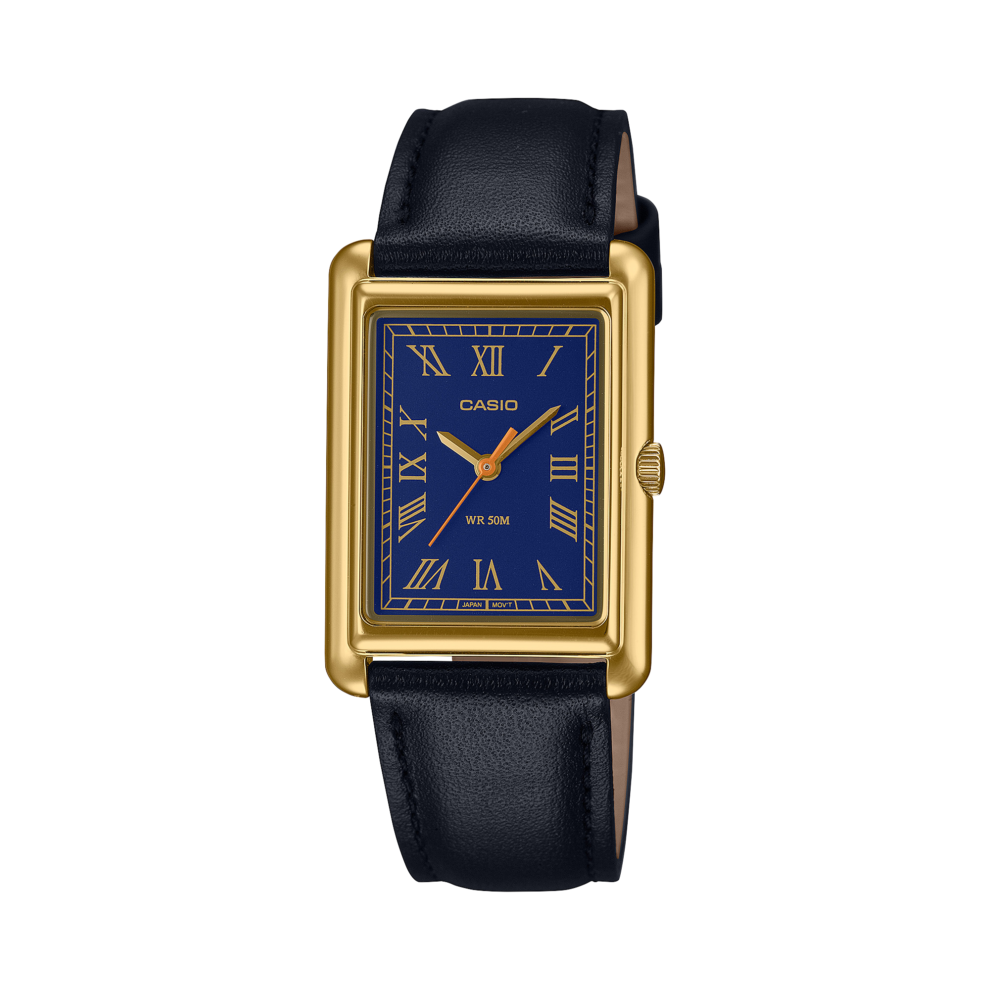 Die Casio Dresswatch LTP-B165GL-2BV aus der Casio Timeless Collectio mit blauem Zifferblatt und schwarzem Lederarmband