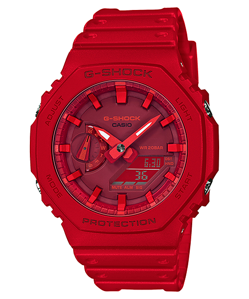 Die G-Shock Armbanduhr GA-2100-4A mit rotem Resin-Armband und rotem Zifferblatt