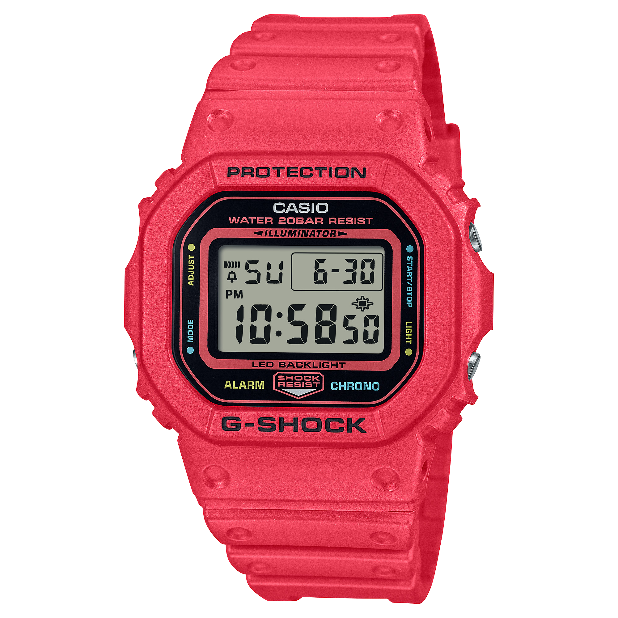 Die klassische, digitale G-Shock Armbanduhr DW-5600EP-4 mit rotem Resin-Armband