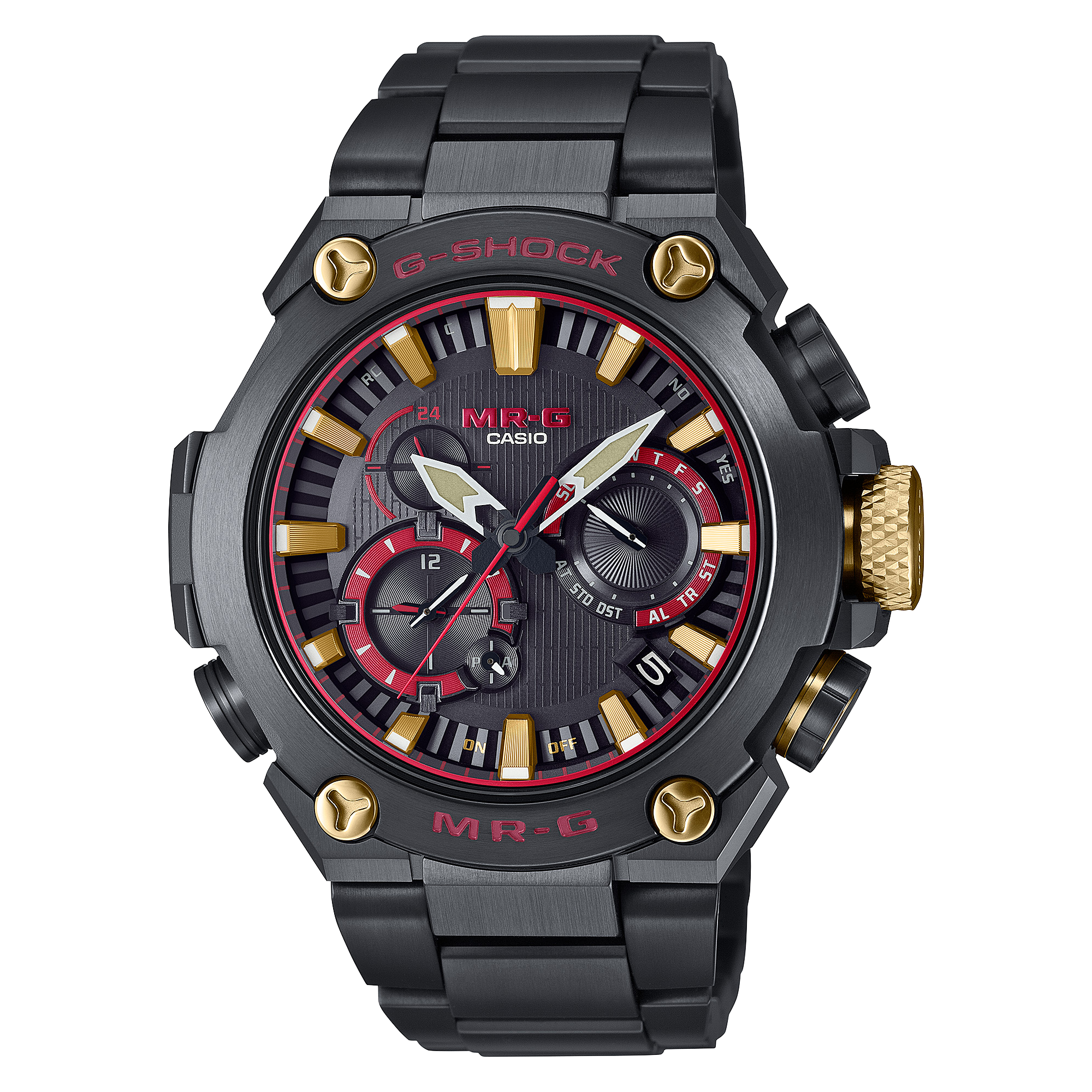 Der dunkelgraue MRG-B2000B-1A4 Chronograf aus Titan mit roten und goldenen Details.