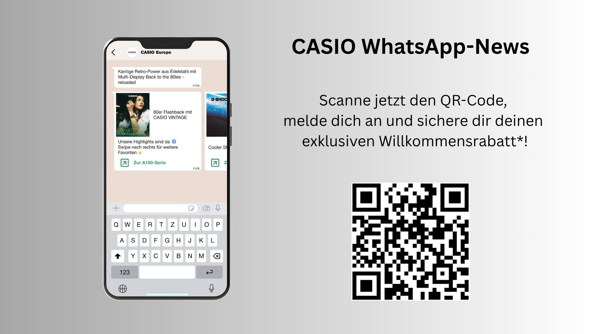 Ein Handy mit den WhatsApp News von Casio Europe und daneben ein QR-Code zum Scannen.