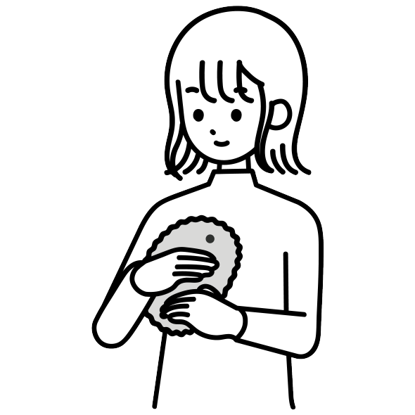Illustration eines Mädchens, dass Moflin im Arm hat.