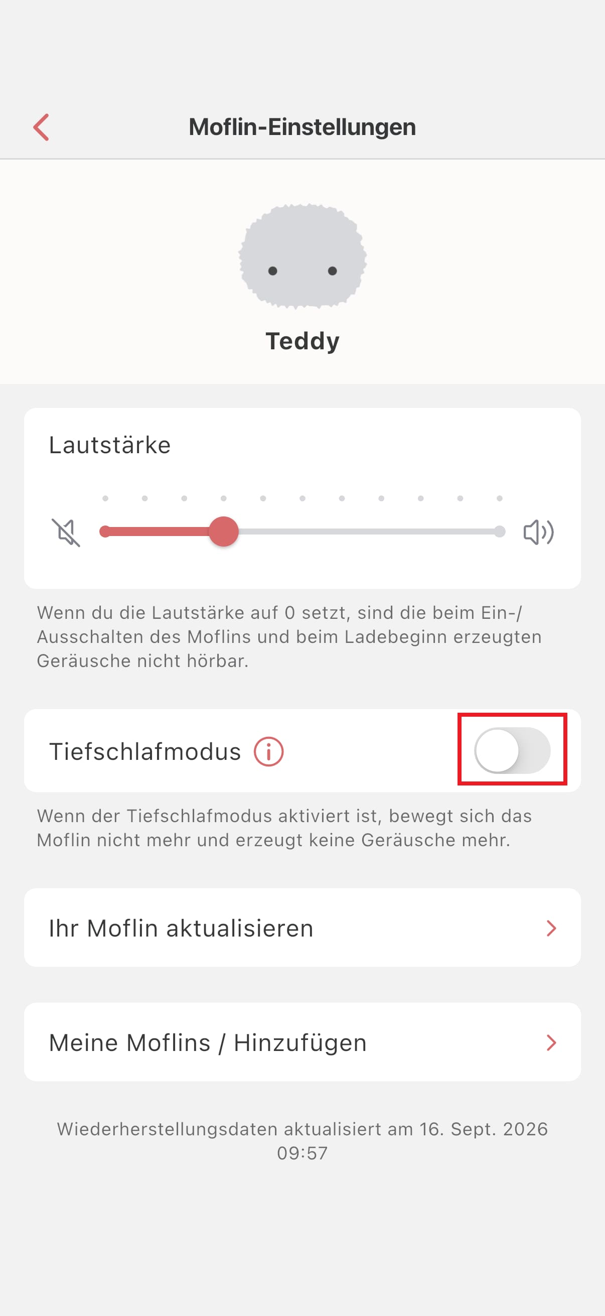Screenshot der MofLife-App: Lautstärke-Einstellungen
