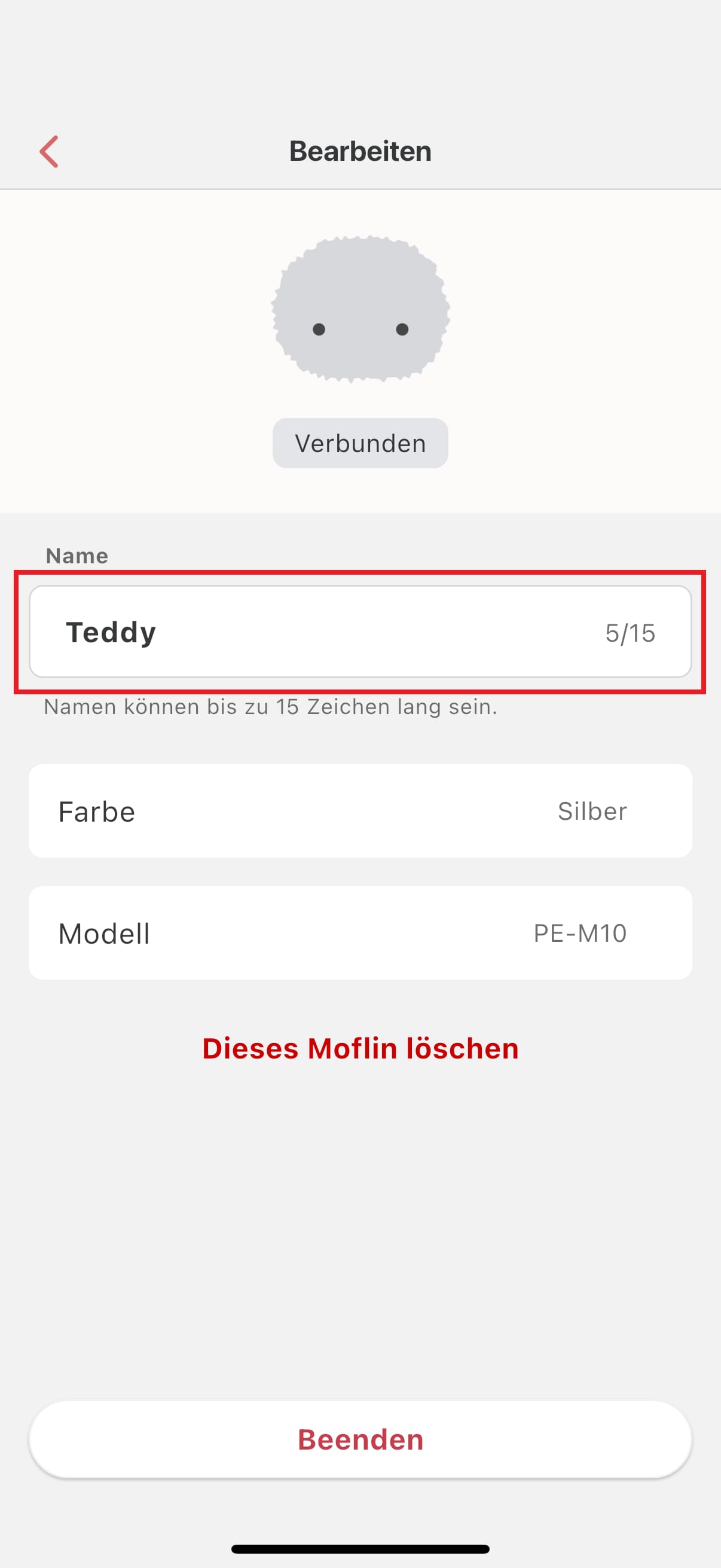 Screenshot der MofLife-App: Bearbeiten des Moflin-Namens