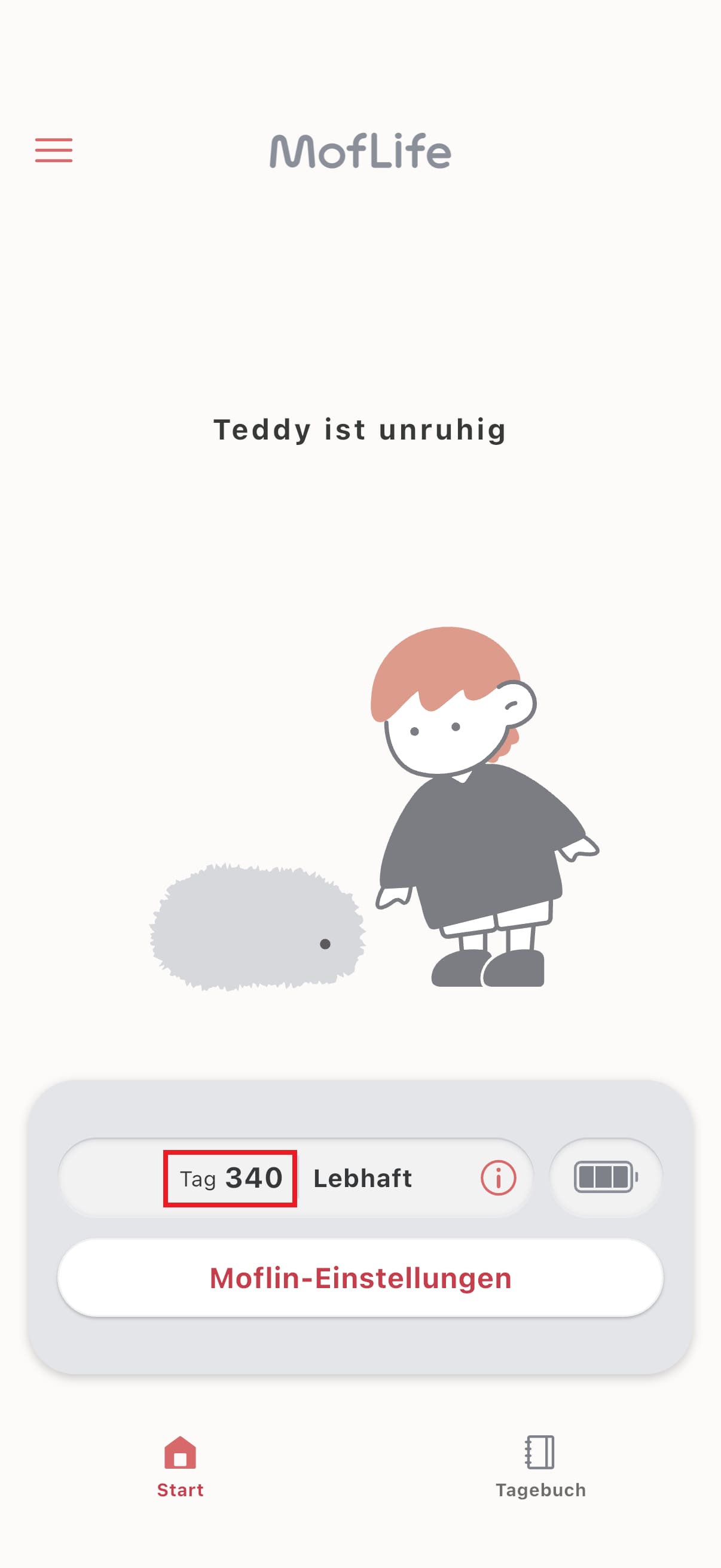Screenshot der MofLife-App: Startseite und Anzeige des "Alters"