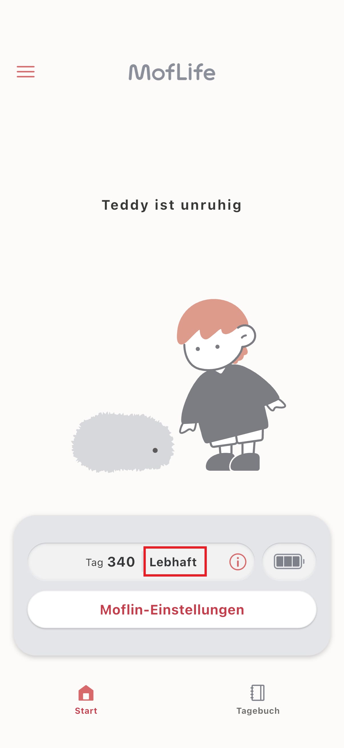 Screenshot der MofLife-App: Startseite und Anzeige des Persönlichkeitszustandes.