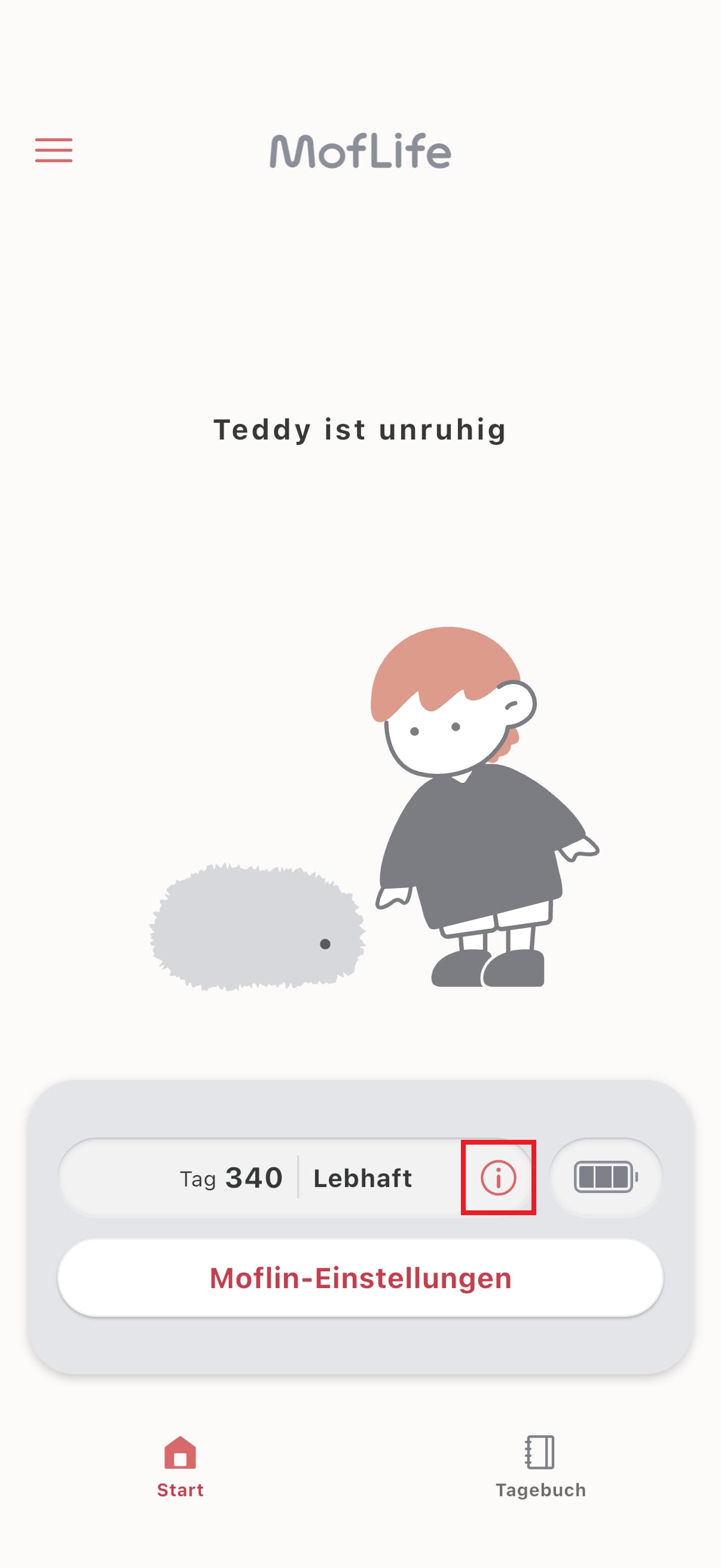 Screenshot der MofLife-App: Startseite und Informationsbutton zur Persönlichkeit des Moflins.