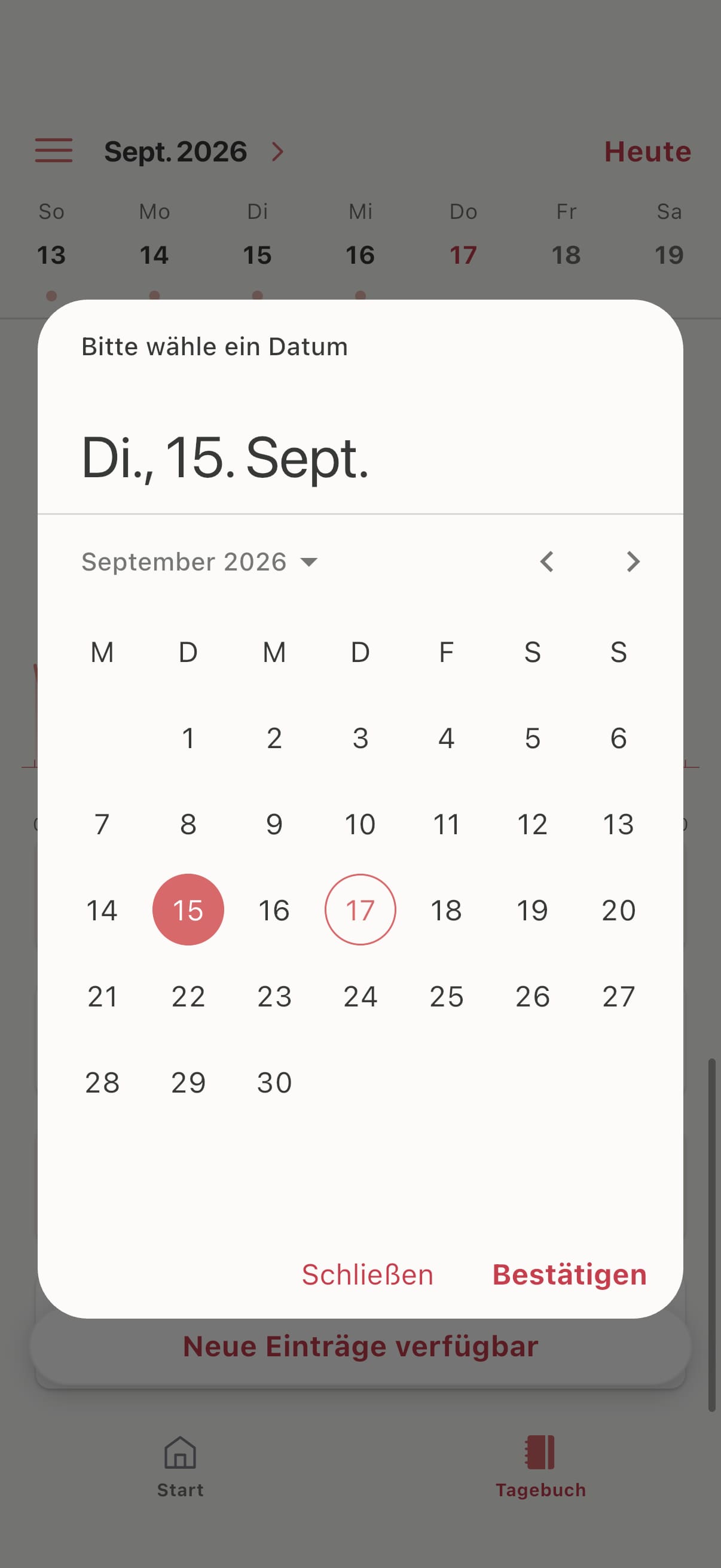 Screenshot der MofLife App: Pop-Up Anzeige des Kalenders