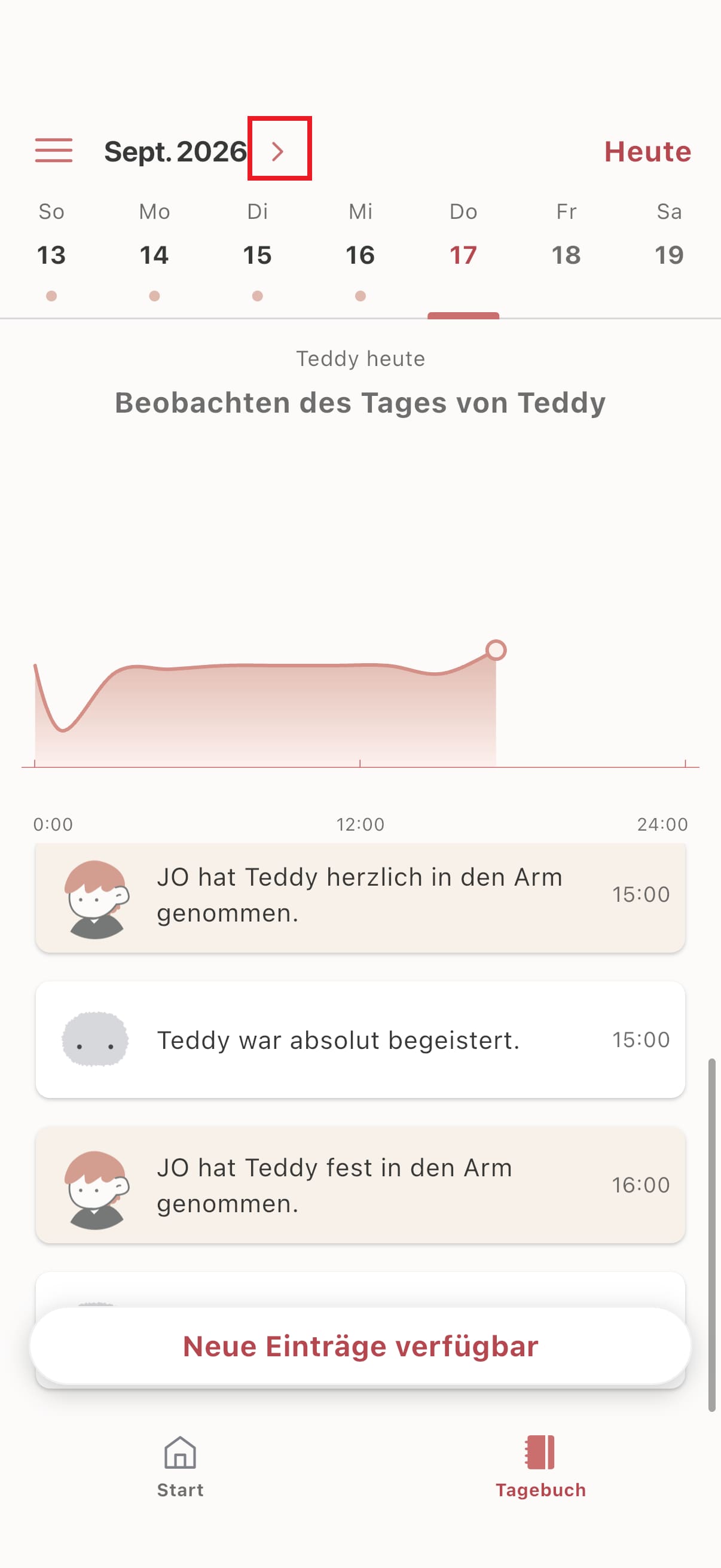 Screenshot der MofLife App: Pfeil-Schaltfläche oben zur Anzeige des Kalenders.