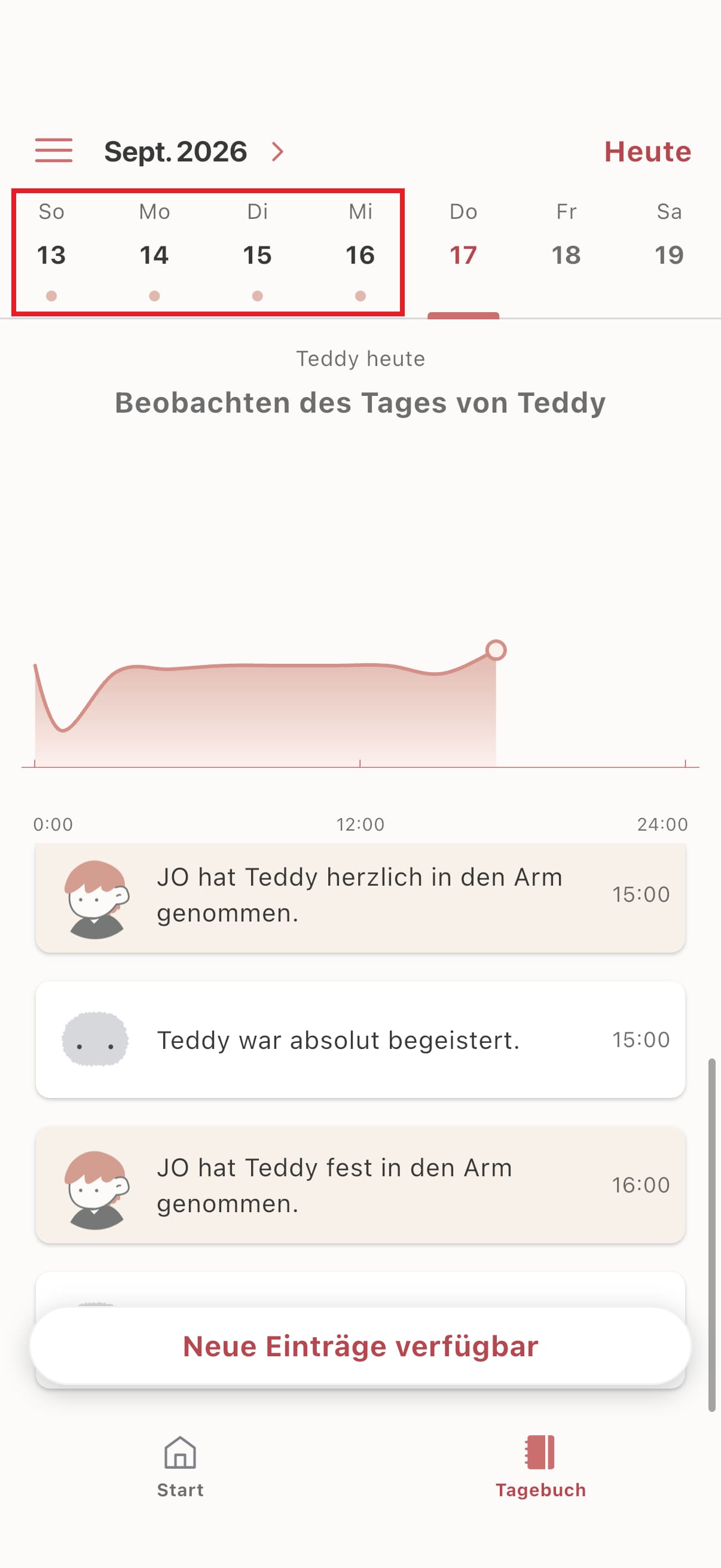 Screenshot der MofLife App: Tagebuch, Auswahl eines Datums