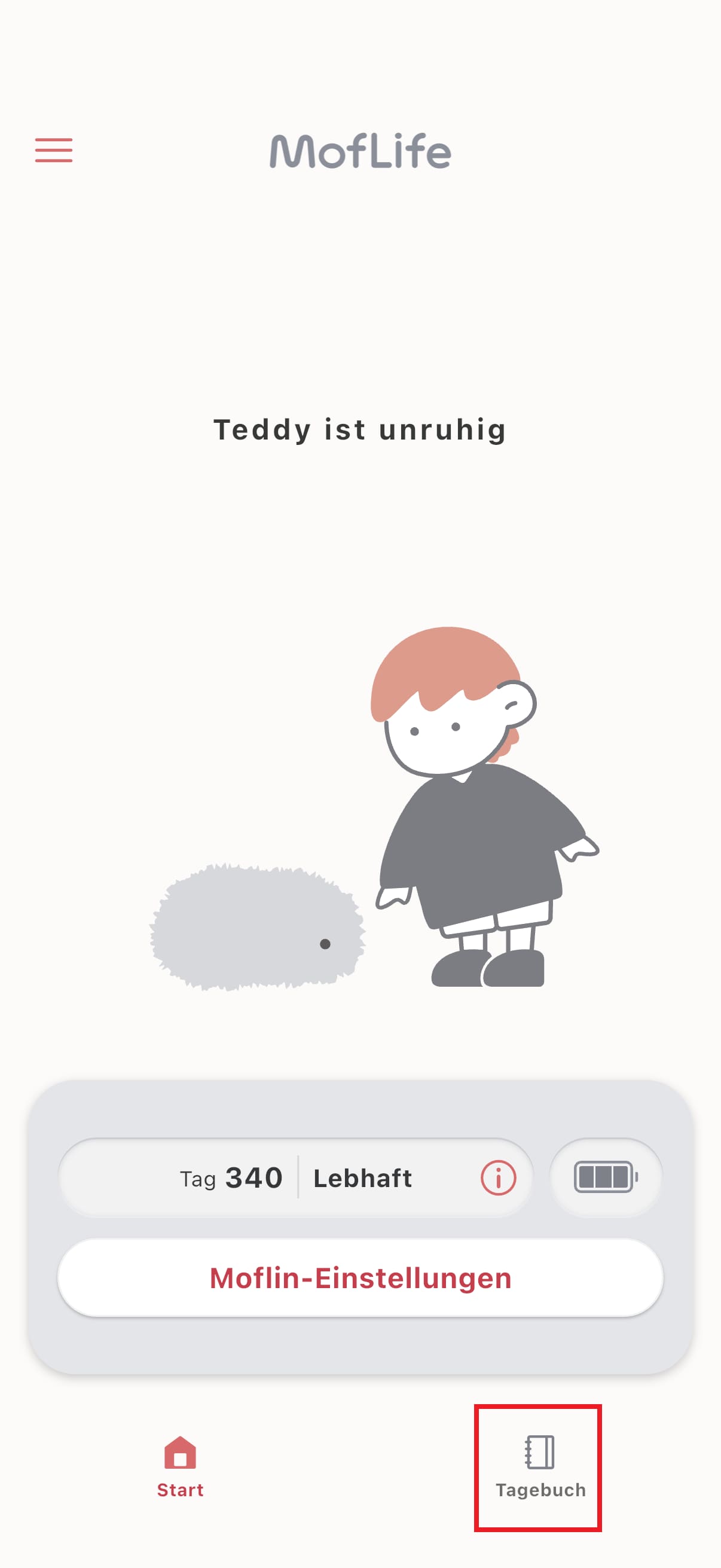 Screenshot der MofLife App: Startseite, Fokus auf "Tagebuch"