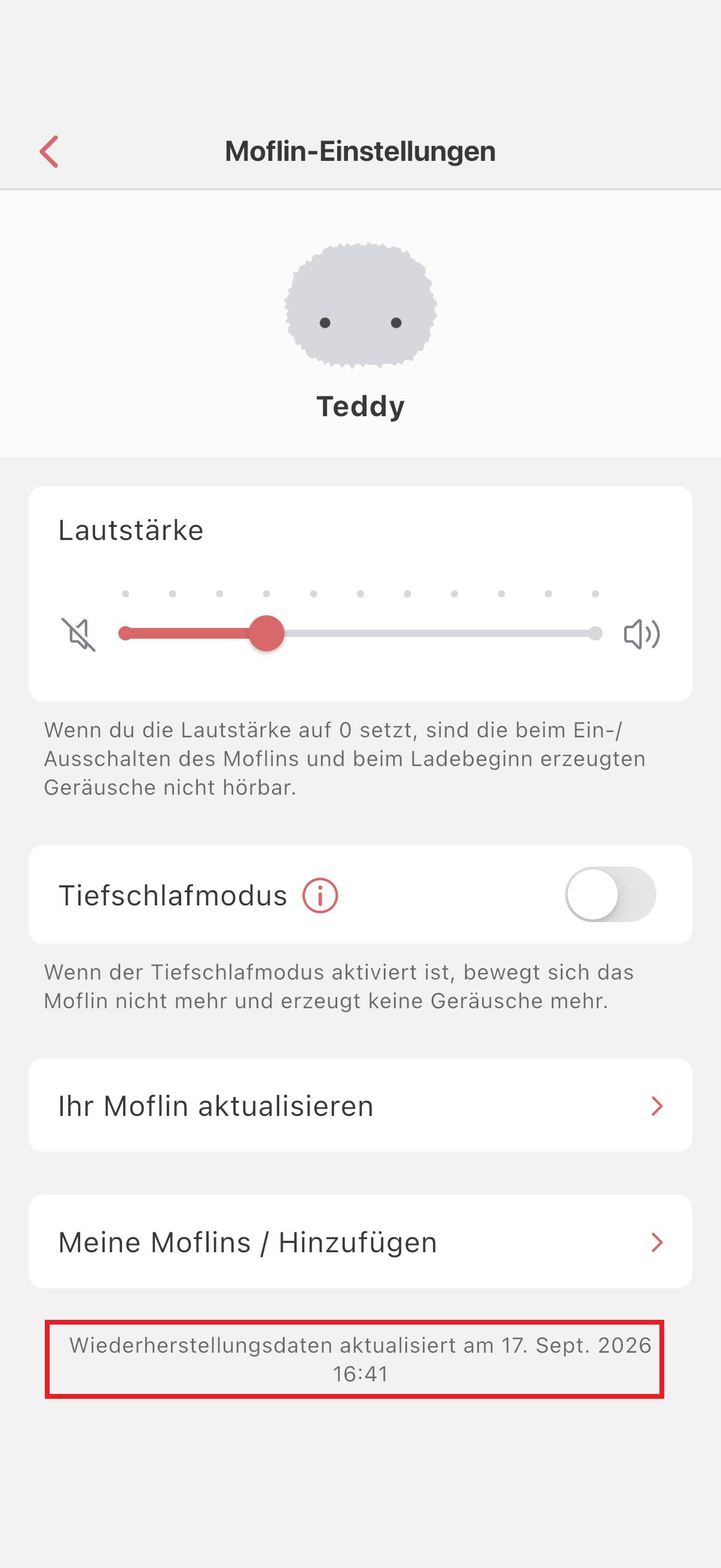 Screenshot der MofLife App: Moflin Einstellungen.