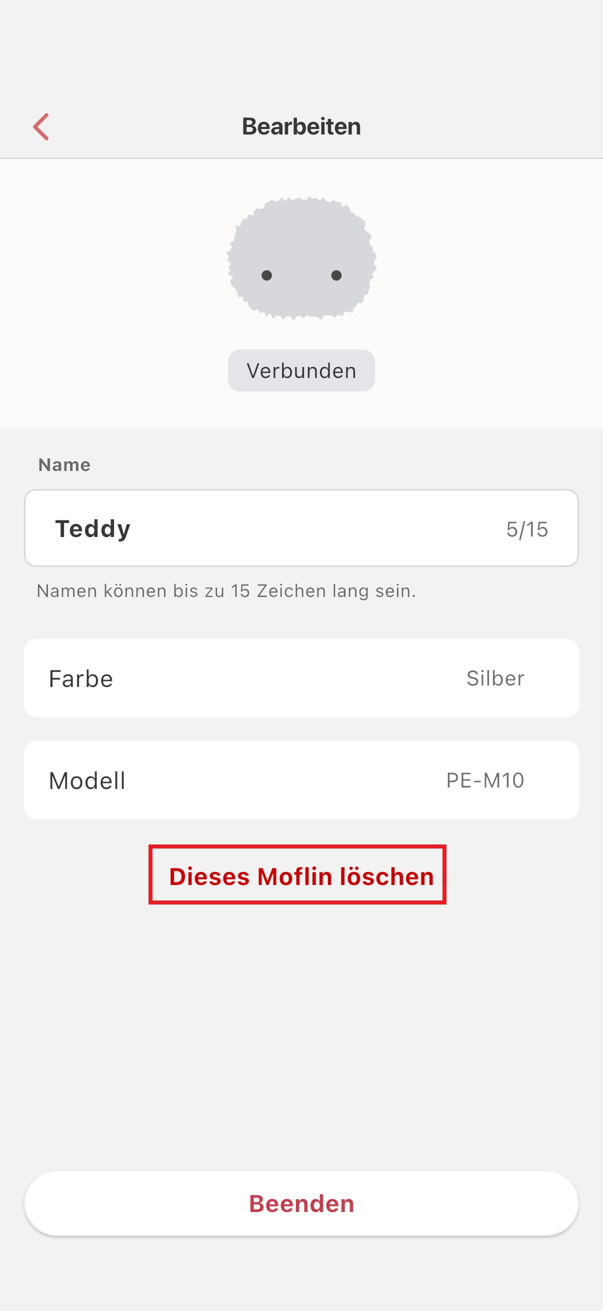 Screenshot der MofLife-App: Moflin bearbeiten / Moflin löschen.