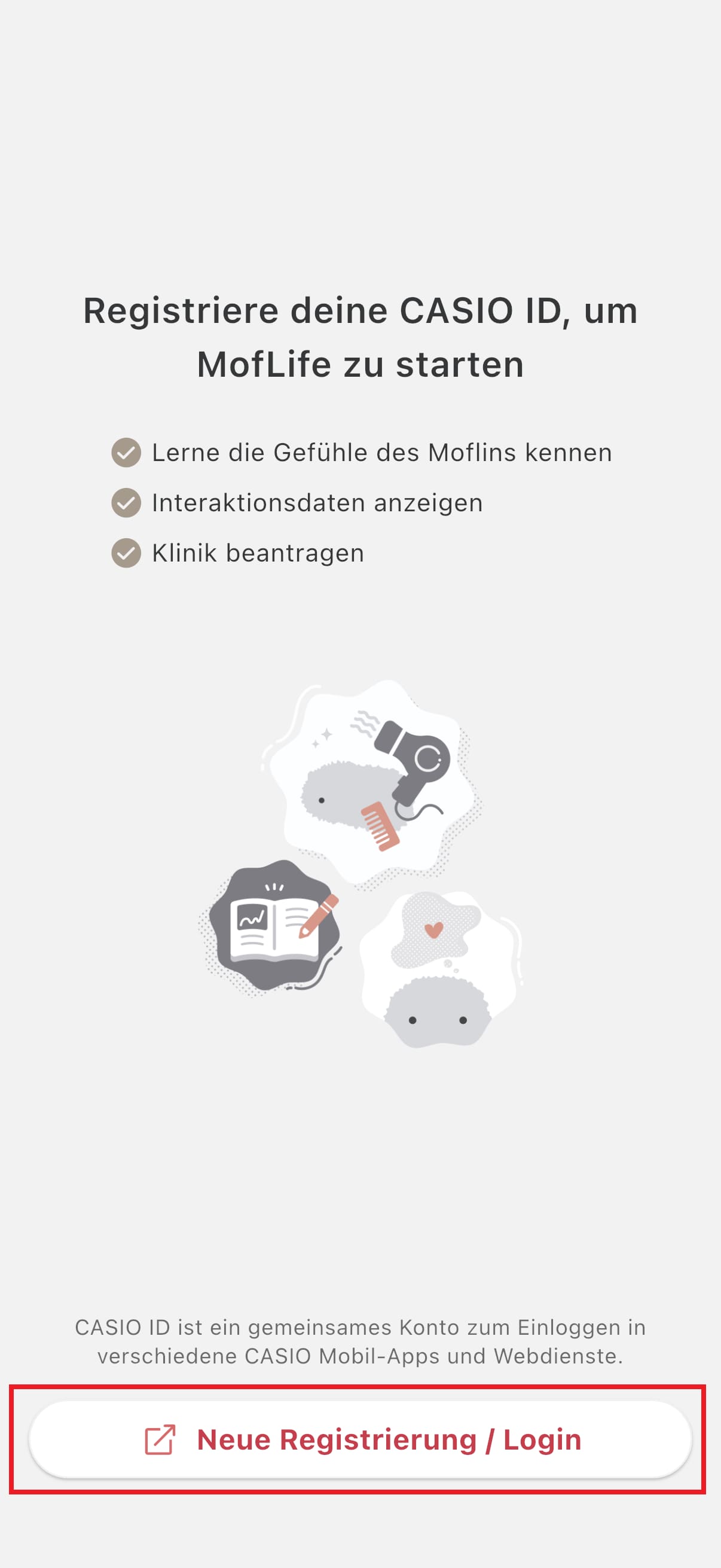 Screenshot der MofLife-App: Registrierung von CASIO ID