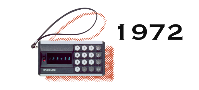 1972: calculadora compacta rectangular con teclas a la derecha y una pequeña pantalla digital a la izquierda.