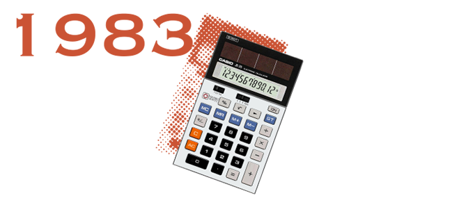 1983: La calculadora de bolsillo JS-20 con módulo solar y pantalla digital estrecha, así como grandes teclas negras.