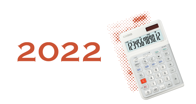 2022: La calculadora de bolsillo ergonómica blanca y gris de CASIO con una superficie de manejo ligeramente inclinada