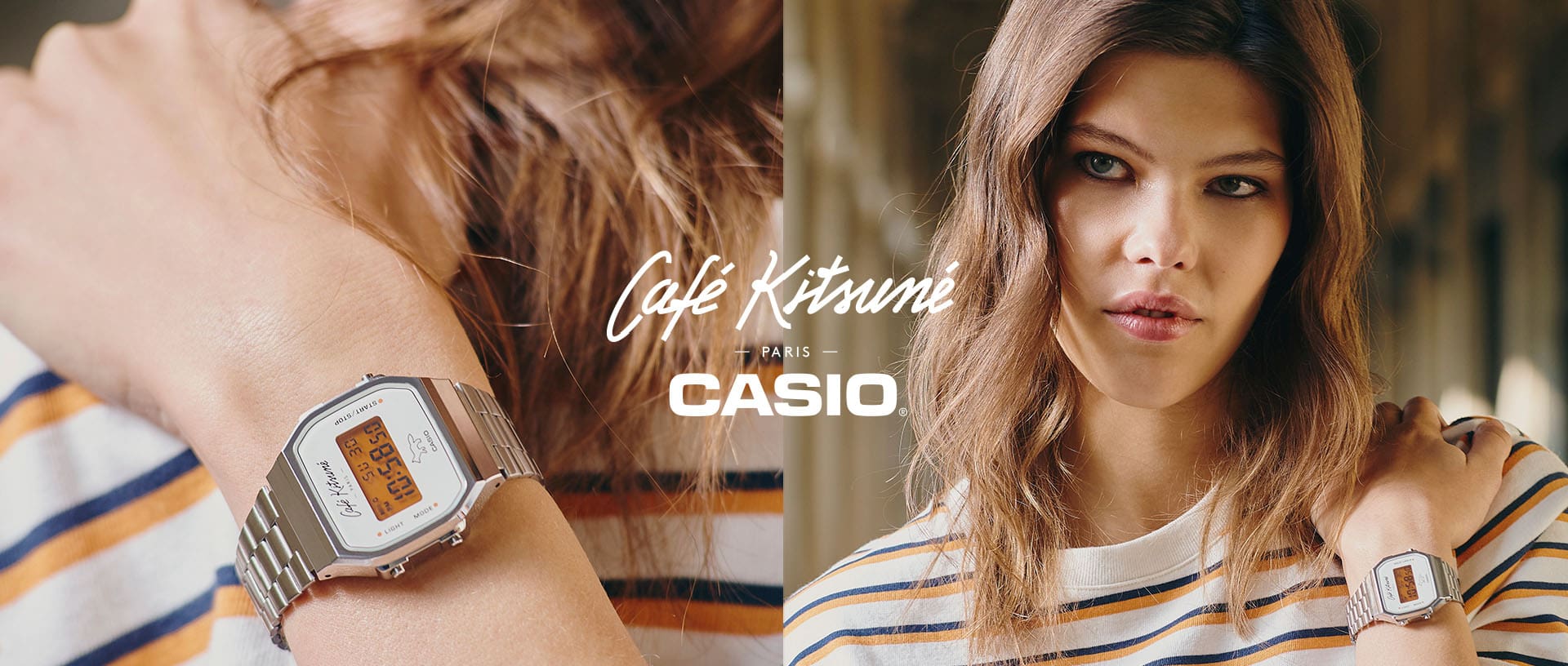 El reloj digital A168WECK-7A de la colección Casio Vintage, en colaboración con Café Kitsuné, en la muñeca de una mujer