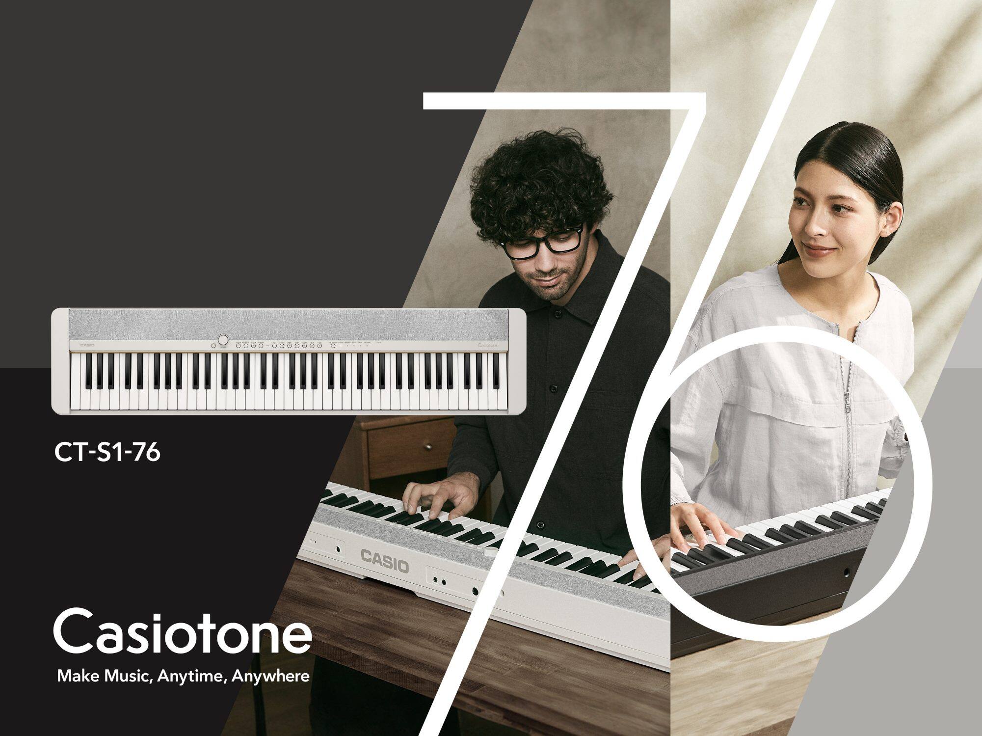 Un joven toca un piano digital negro y una joven toca uno blanco. La imagen enlaza con la página de resumen de los modelos CTS1-76.