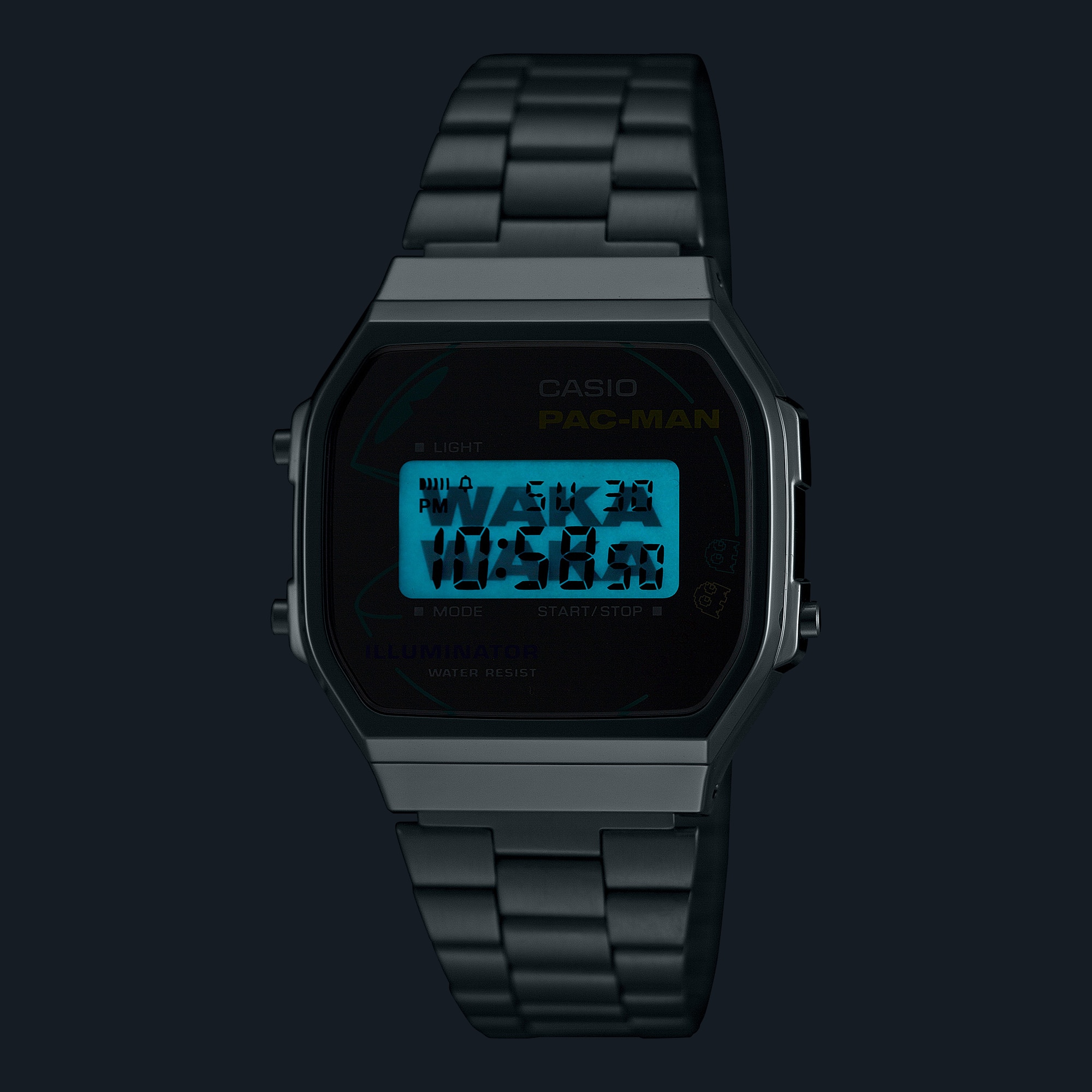 La pantalla del A168WEPC de la colección Casio Vintage Pac-Man en la oscuridad con la retroiluminación encendida