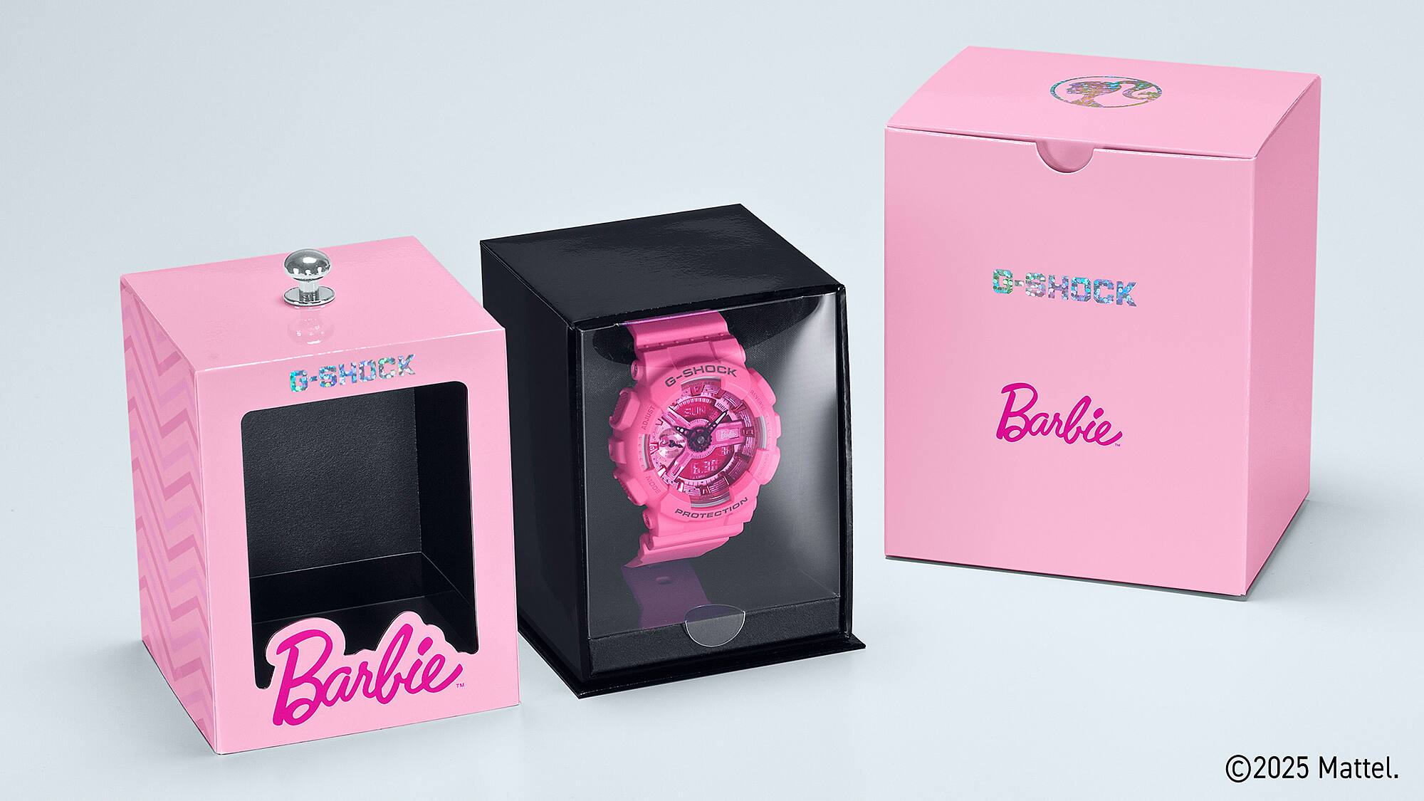 Las tres cajas del embalaje del Barbie™ G-Shock GMA-S110BE: embalaje exterior, embalaje interior de joyería y embalaje interior.