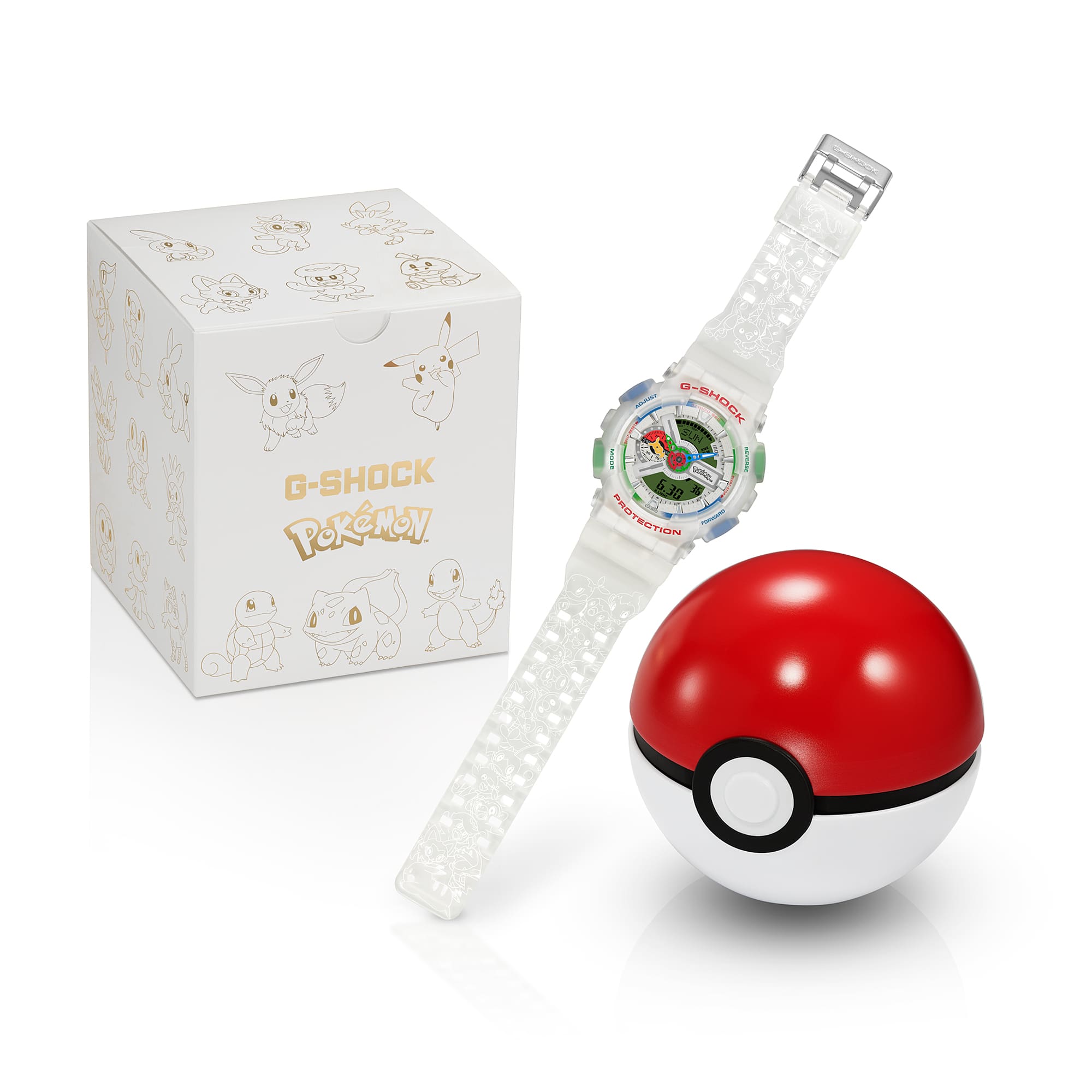 El reloj GA-110PKM-7A junto a una Pokéball roja y blanca y una caja de embalaje blanca con letras doradas