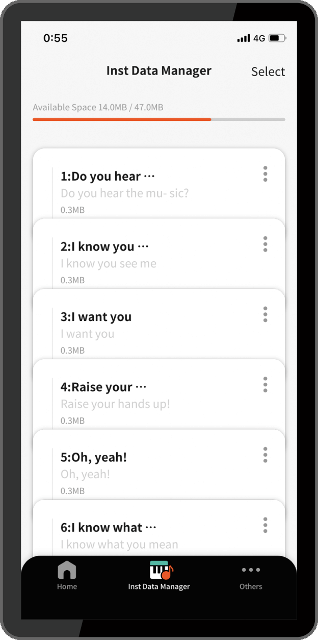 Gestor de datos de la app CASIO Lyric Creator en el smartphone