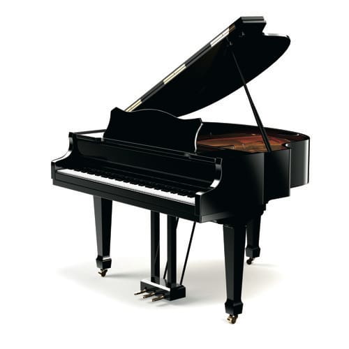 Un piano de cola con la tapa completamente abierta