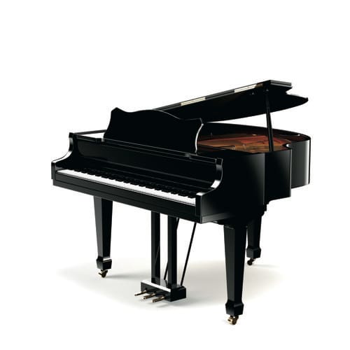 Un piano de cola con la tapa medio abierta