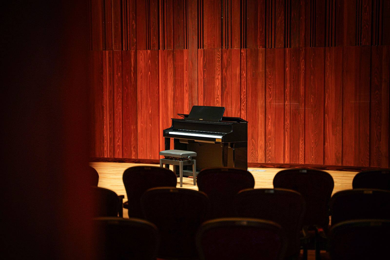 Un piano Celviano negro iluminado sobre un escenario.