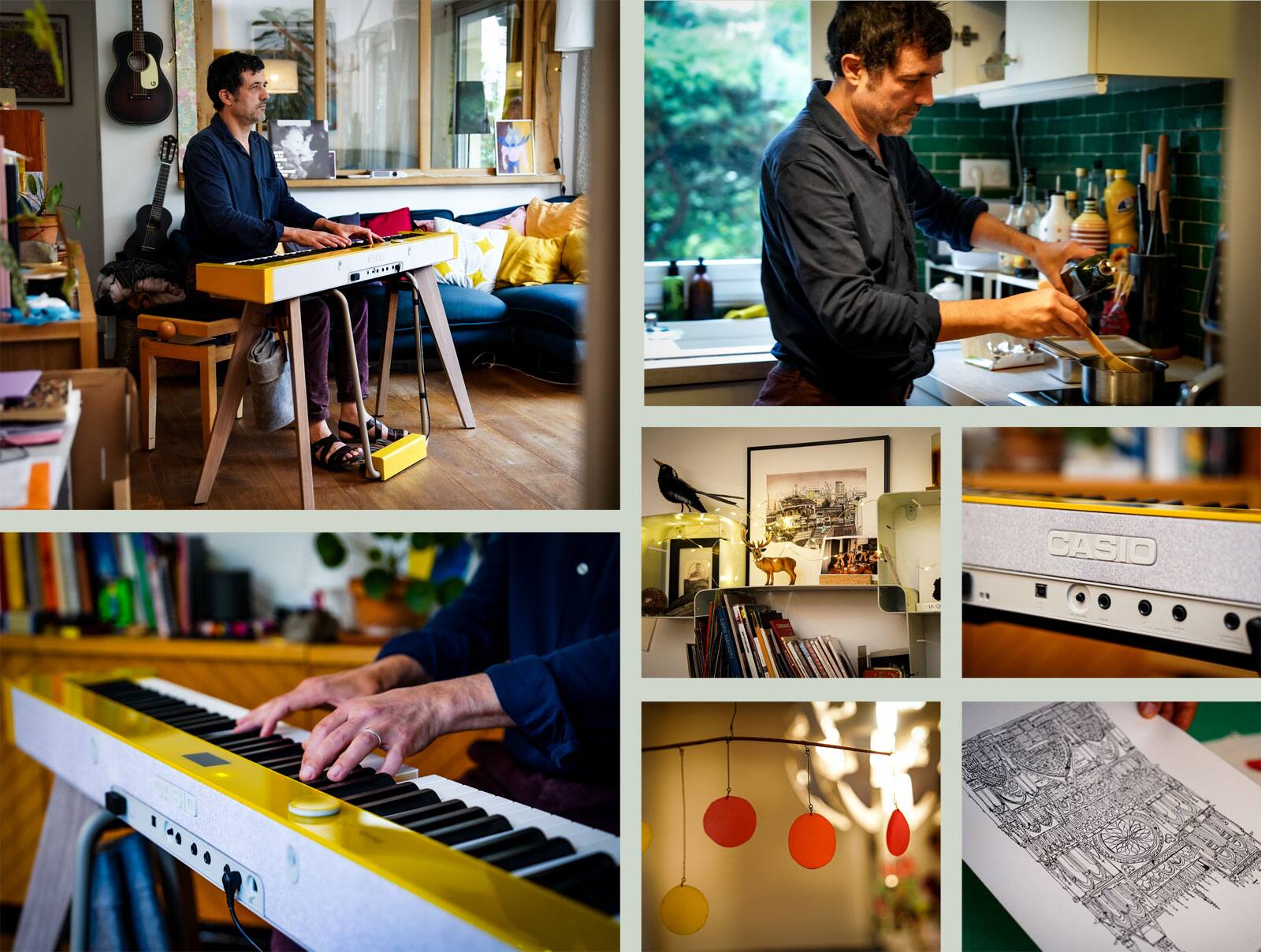 Galería de imágenes con fotos del estilo de vida del compositor Albin de la Simone y su vida con el piano digital Privia amarillo en tu casa de París.