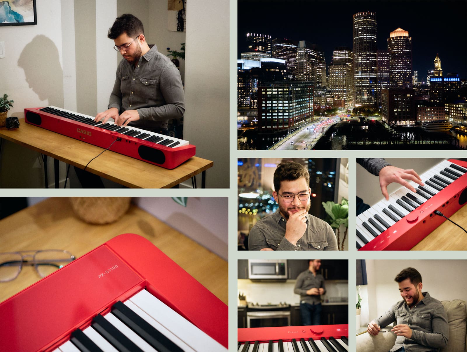 Collage de diferentes imágenes de estilo real que muestran el apartamento de Oscar Rojas en Boston y su vida con su Privia roja