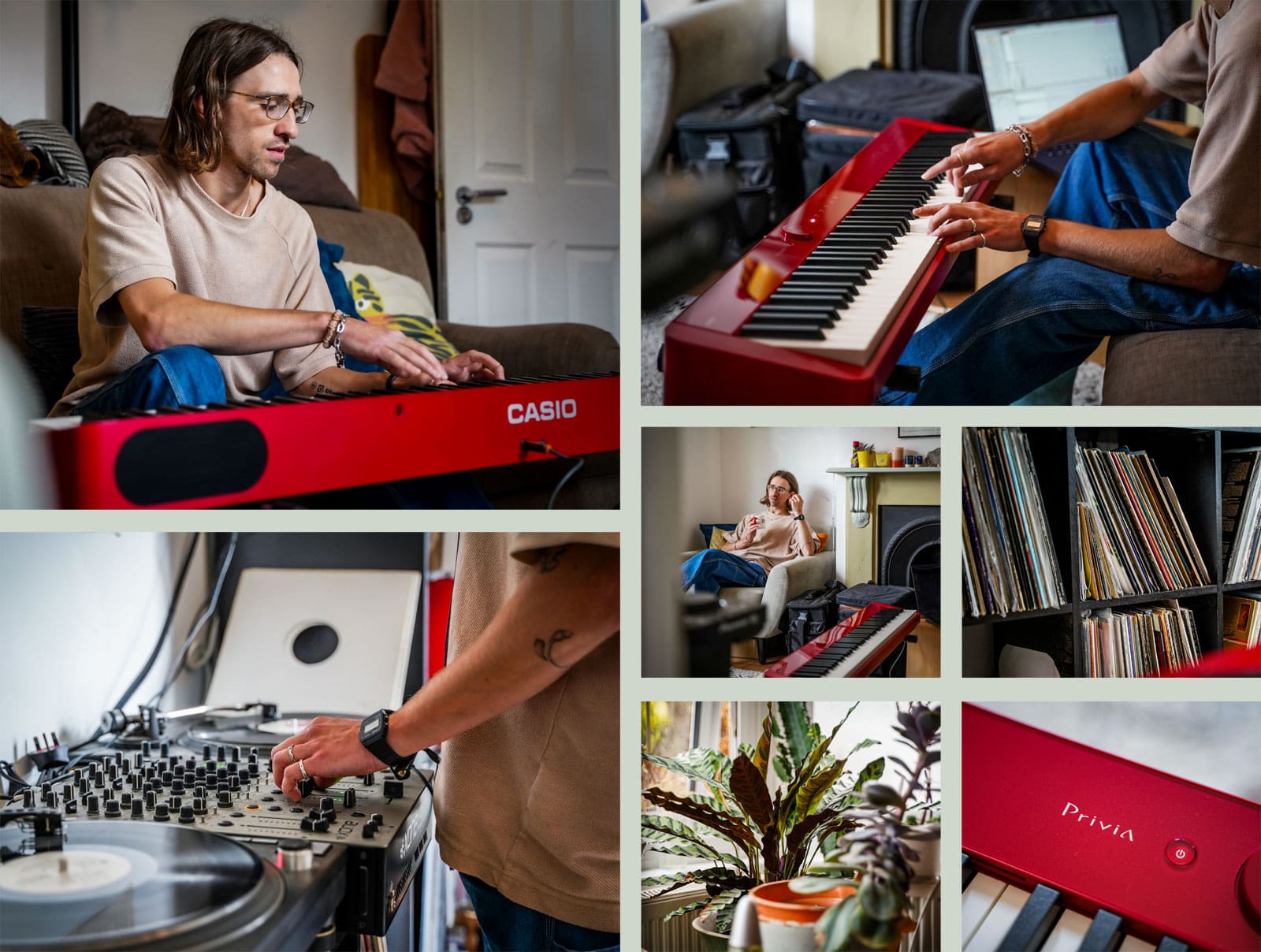 Collage de diferentes imágenes de estilo de vida con impresiones de la vida del DJ ojo con su piano digital Privia rojo