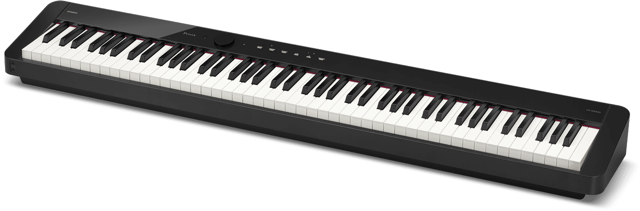 El piano digital Privia PX-S5000BK en color negro con enlace a la página del producto.