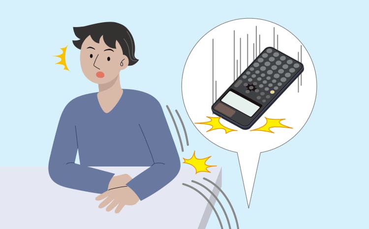 Ilustración de una persona empujando su calculadora gráfica CASIO fuera de su escritorio.