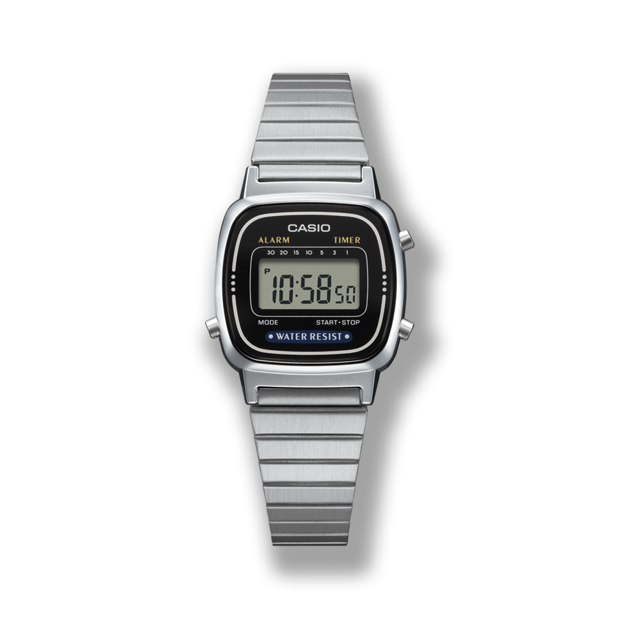 El reloj de pulsera LA-670 con correa estrecha plateada y pequeña pantalla digital rectangular.